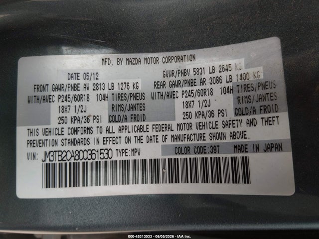 2012 Mazda Cx-9 Touring მანქანა იყიდება აუქციონზე, vin: JM3TB2CA8C0361530, აუქციონის ნომერი: 45313033