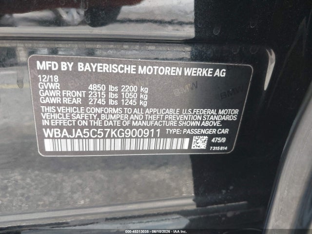45313035 :رقم المزاد ، WBAJA5C57KG900911 vin ، 2019 Bmw 530i مزاد بيع
