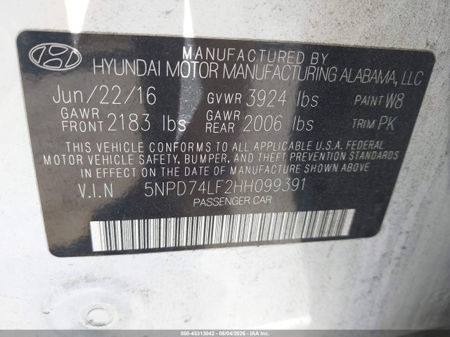 5NPD74LF2HH099391 Hyundai ELANTRA SE
