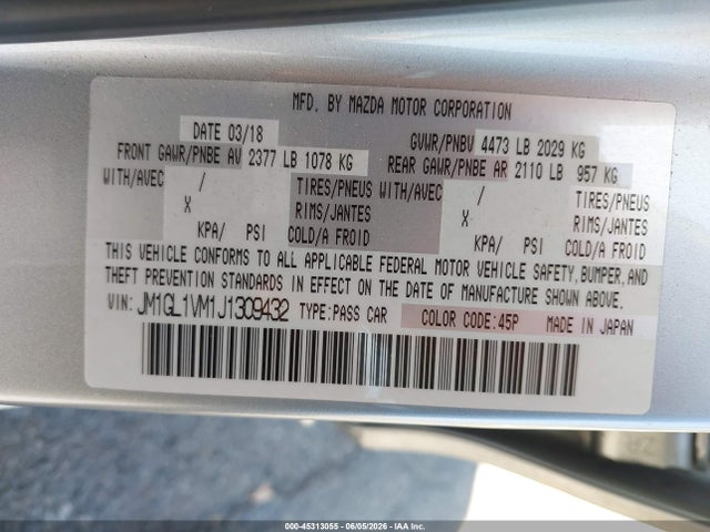 Aukcja sprzedaży 2018 Mazda Mazda6 Touring, vin: JM1GL1VM1J1309432, numer aukcji: 45313055