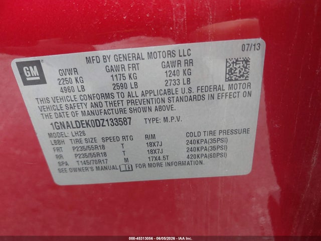 2013 Chevrolet Equinox 1lt მანქანა იყიდება აუქციონზე, vin: 1GNALDEK0DZ133587, აუქციონის ნომერი: 45313056