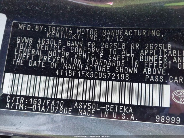 Aukcja sprzedaży 2012 Toyota Camry L, vin: 4T1BF1FK9CU572196, numer aukcji: 45313061