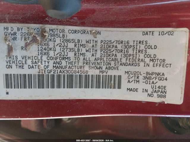 45313087 :رقم المزاد ، JTEGF21AX30084568 vin ، 2003 Toyota Highlander V6 مزاد بيع