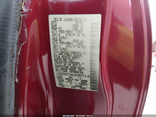 45313088 :رقم المزاد ، 1N6DD26T34C435714 vin ، 2004 Nissan Frontier Xe مزاد بيع