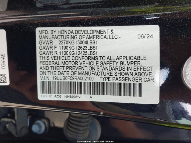 45313090 :رقم المزاد ، 19UUB6F59RA002100 vin ، 2024 Acura Tlx A-spec Package مزاد بيع