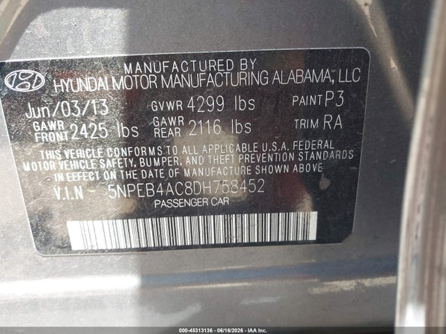 2013 Hyundai Sonata Gls მანქანა იყიდება აუქციონზე, vin: 5NPEB4AC8DH758452, აუქციონის ნომერი: 45313136