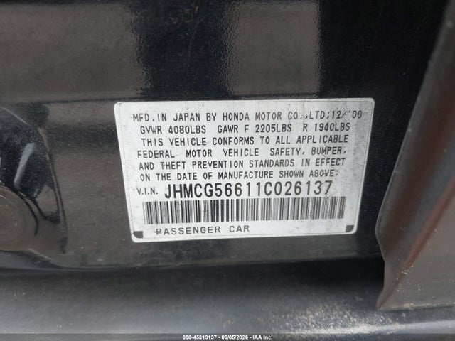 Aukcja sprzedaży 2001 Honda Accord 2.3 Ex, vin: JHMCG56611C026137, numer aukcji: 45313137