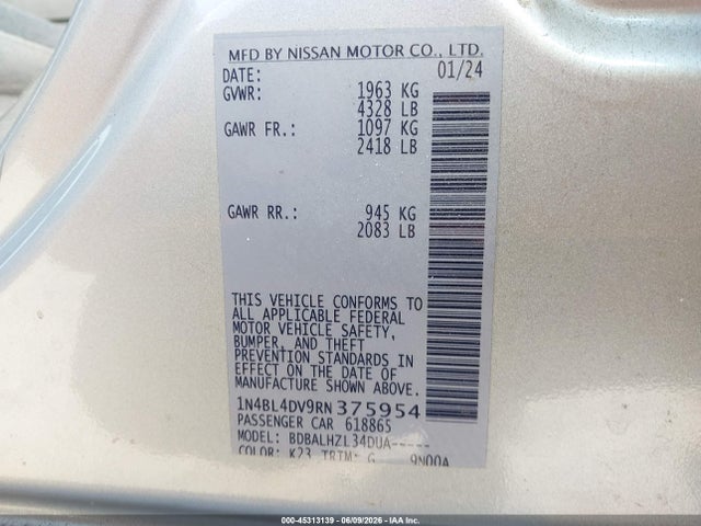 1N4BL4DV9RN375954 Nissan Altima Sv Fwd