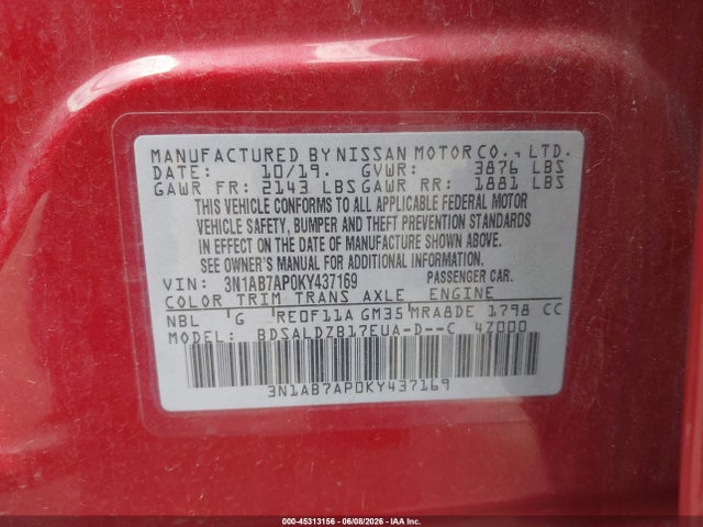 Aukcja sprzedaży 2019 Nissan Sentra Sv, vin: 3N1AB7AP0KY437169, numer aukcji: 45313156