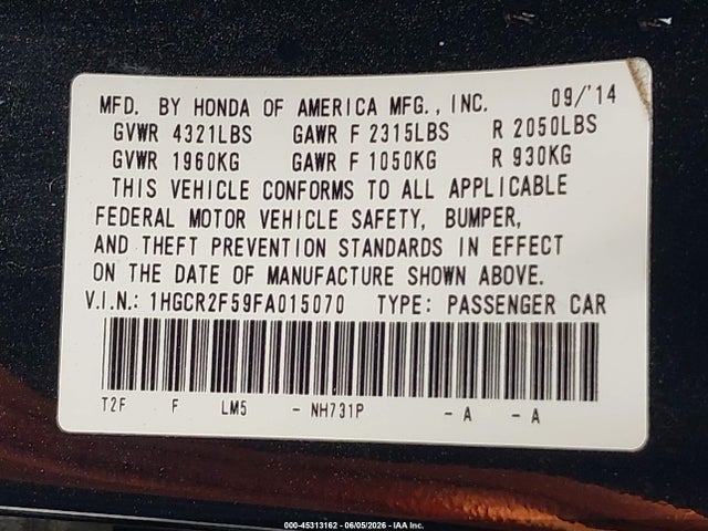 45313162 :رقم المزاد ، 1HGCR2F59FA015070 vin ، 2015 Honda Accord Sport مزاد بيع