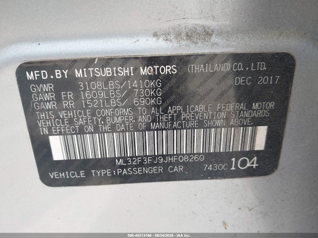 Aukcja sprzedaży 2018 Mitsubishi Mirage G4 Es, vin: ML32F3FJ9JHF08260, numer aukcji: 45313166