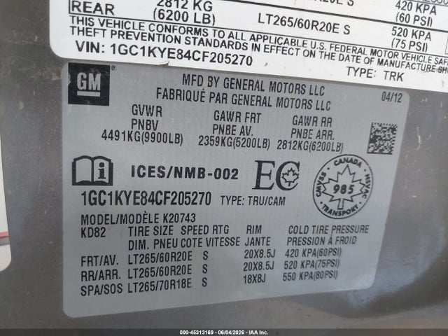 2012 Chevrolet Silverado 2500hd Ltz მანქანა იყიდება აუქციონზე, vin: 1GC1KYE84CF205270, აუქციონის ნომერი: 45313169