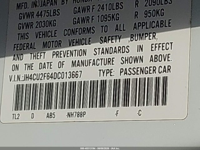 Aukcja sprzedaży 2013 Acura Tsx 2.4, vin: JH4CU2F64DC013667, numer aukcji: 45313194