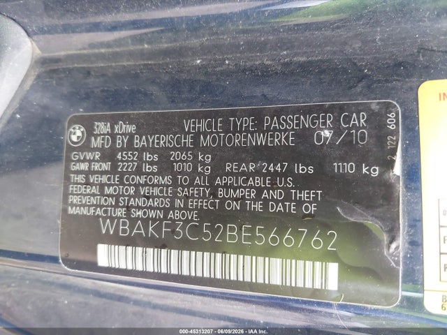 45313207 :رقم المزاد ، WBAKF3C52BE566762 vin ، 2011 Bmw 328i Xdrive مزاد بيع