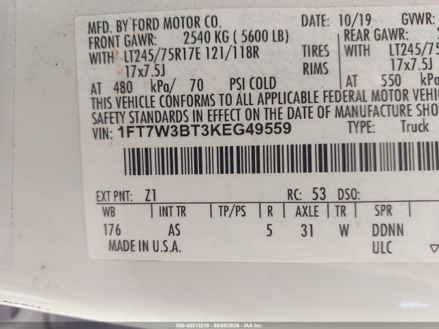 Продажа на аукционе авто 2019 Ford F-350 Xl, vin: 1FT7W3BT3KEG49559, номер лота: 45313210