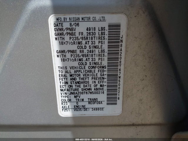 Aukcja sprzedaży 2007 Nissan Murano S, vin: JN8AZ08T67W500216, numer aukcji: 45313218