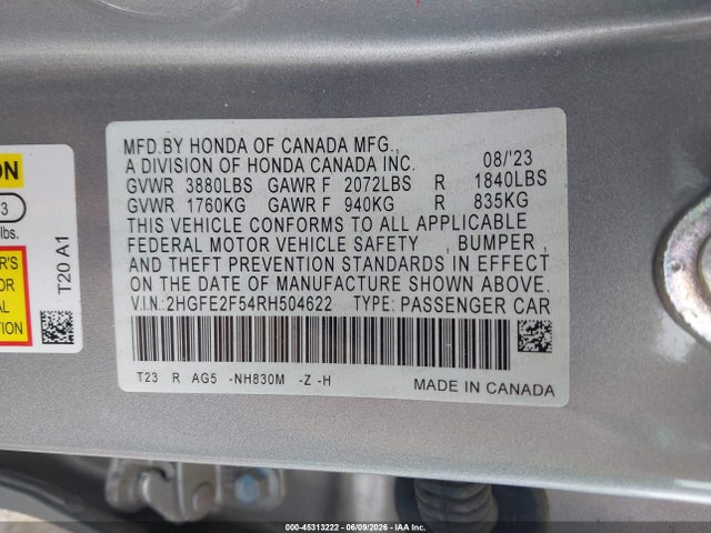 2024 Honda Civic Sport მანქანა იყიდება აუქციონზე, vin: 2HGFE2F54RH504622, აუქციონის ნომერი: 45313222