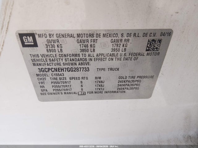 Продаж на аукціоні авто 2016 Chevrolet Silverado 1500 Wt, vin: 3GCPCNEH7GG287733, номер лоту: 45313238