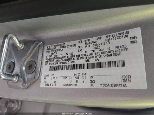 Aukcja sprzedaży 2017 Ford Escape Titanium, vin: 1FMCU9J95HUC01296, numer aukcji: 45313241