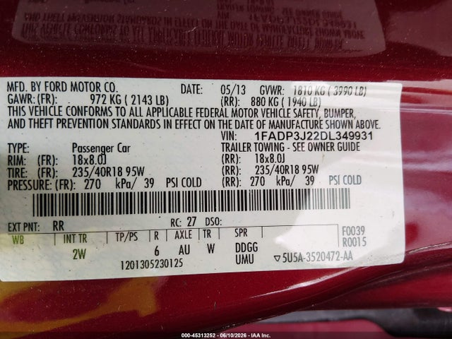 2013 Ford Focus Titanium მანქანა იყიდება აუქციონზე, vin: 1FADP3J22DL349931, აუქციონის ნომერი: 45313252