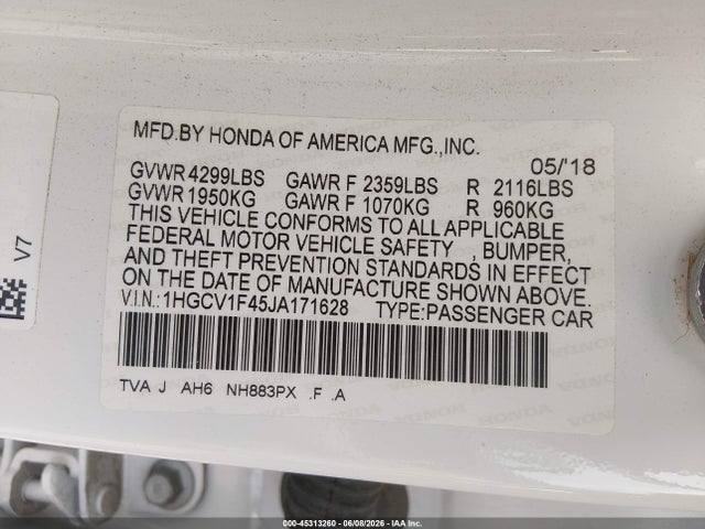 Honda ACCORD EX 2018 1HGCV1F45JA171628 Image 9