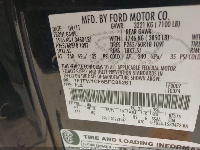 Aukcja sprzedaży 2011 Ford F-150 Xlt, vin: 1FTFW1CF5BFC85261, numer aukcji: 45313271