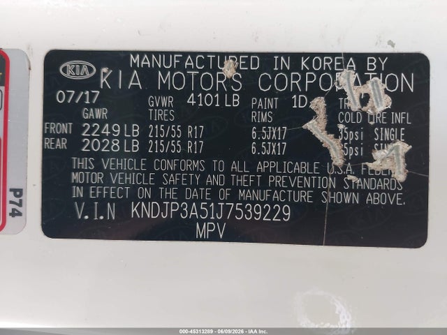 45313289 :رقم المزاد ، KNDJP3A51J7539229 vin ، 2018 Kia Soul + مزاد بيع