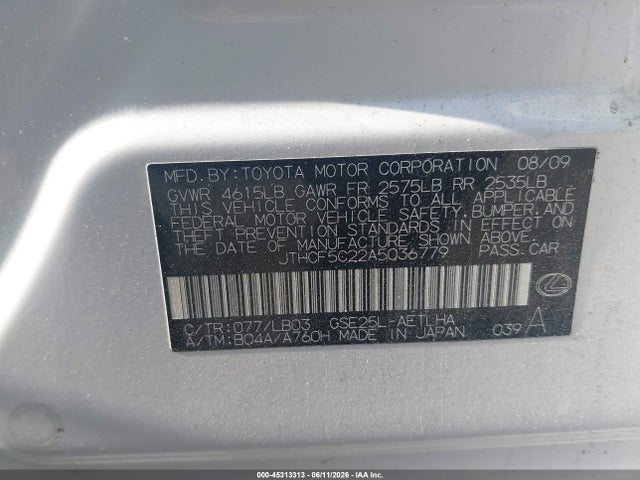 Продаж на аукціоні авто 2010 Lexus Is 250, vin: JTHCF5C22A5036779, номер лоту: 45313313