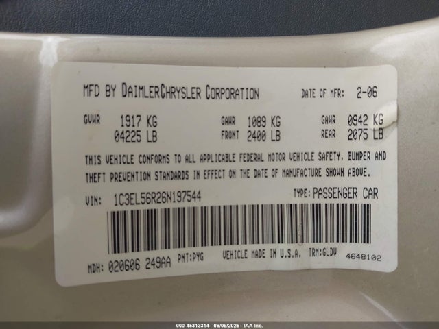 Aukcja sprzedaży 2006 Chrysler Sebring Touring, vin: 1C3EL56R26N197544, numer aukcji: 45313314