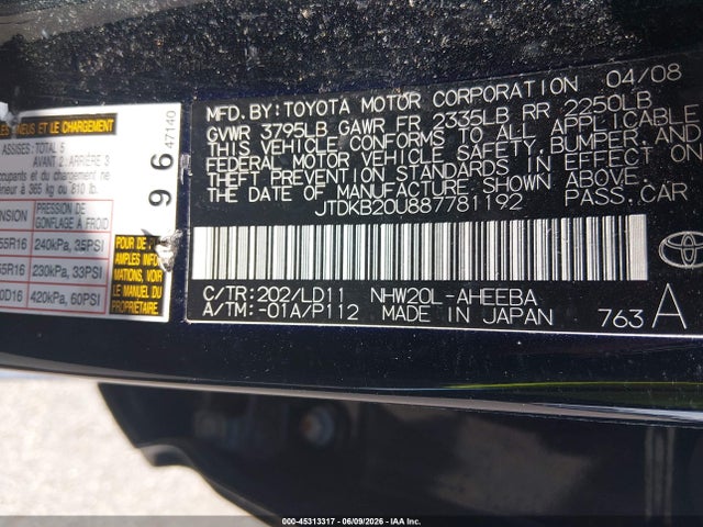 Продажа на аукционе авто 2008 Toyota Prius Touring, vin: JTDKB20U887781192, номер лота: 45313317