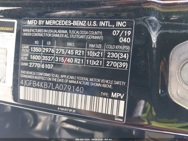 Auction sale of the 2020 Mercedes-benz Gle 350 4matic, vin: 4JGFB4KB7LA079140, lot number: 45313324