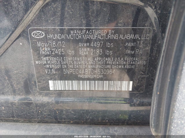 45313326 :رقم المزاد ، 5NPEC4AB7DH530964 vin ، 2013 Hyundai Sonata Se 2.0t مزاد بيع
