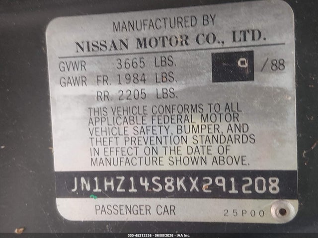 45313336 :رقم المزاد ، JN1HZ14S8KX291208 vin ، 1989 Nissan 300zx مزاد بيع