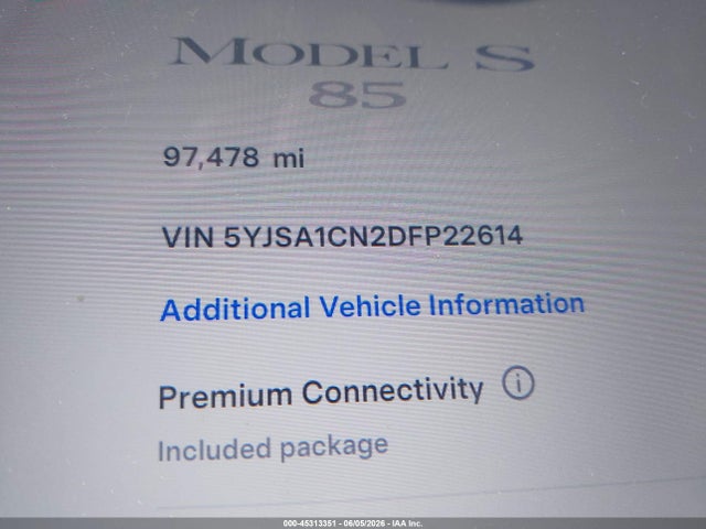 Aukcja sprzedaży 2013 Tesla Model S, vin: 5YJSA1CN2DFP22614, numer aukcji: 45313351
