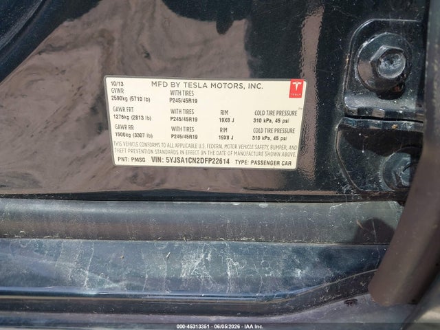 Aukcja sprzedaży 2013 Tesla Model S, vin: 5YJSA1CN2DFP22614, numer aukcji: 45313351