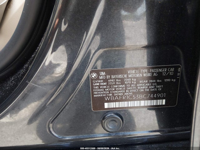 2011 Bmw 528i მანქანა იყიდება აუქციონზე, vin: WBAFR1C53BC744901, აუქციონის ნომერი: 45313369