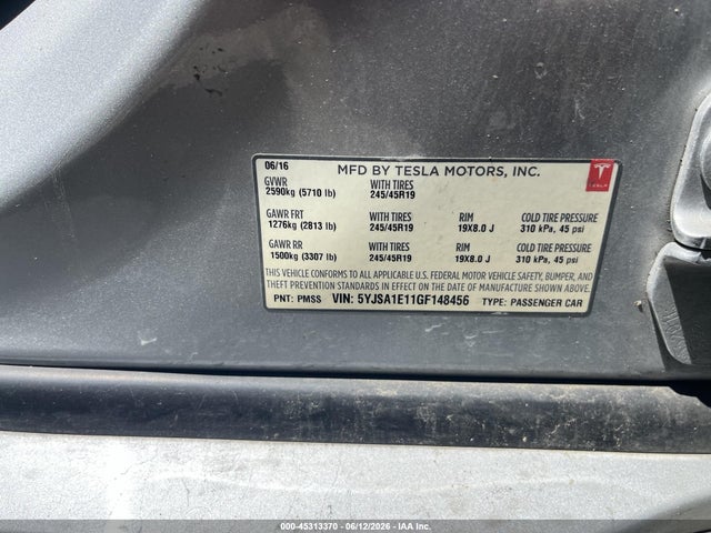 45313370 :رقم المزاد ، 5YJSA1E11GF148456 vin ، 2016 Tesla Model S 60/70/75/85 مزاد بيع