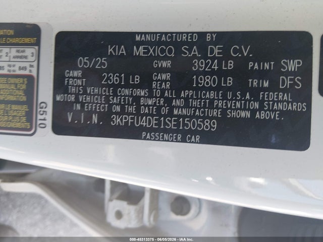 45313375 :رقم المزاد ، 3KPFU4DE1SE150589 vin ، 2025 Kia K4 Ex مزاد بيع