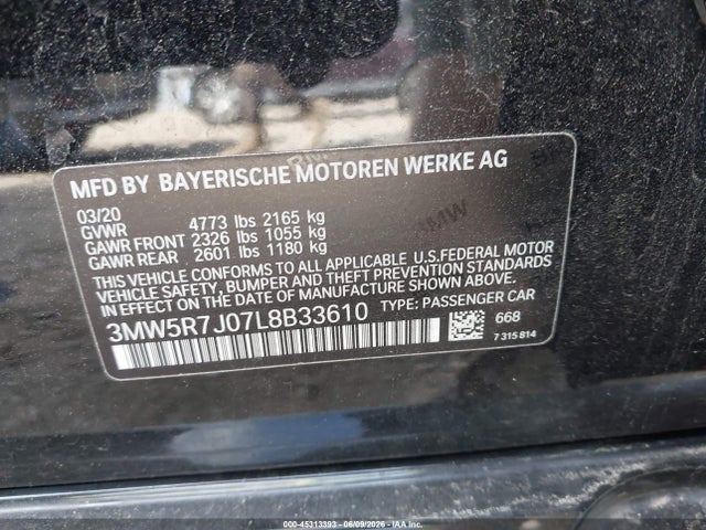 Aukcja sprzedaży 2020 Bmw 330i Xdrive, vin: 3MW5R7J07L8B33610, numer aukcji: 45313393