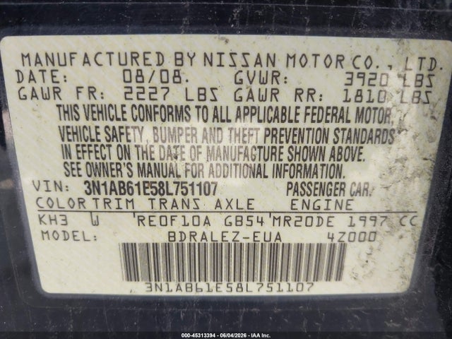 2008 Nissan Sentra 2.0s მანქანა იყიდება აუქციონზე, vin: 3N1AB61E58L751107, აუქციონის ნომერი: 45313394