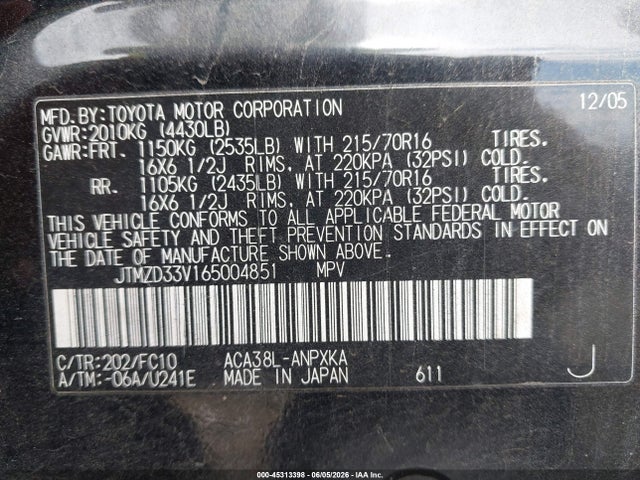Aukcja sprzedaży 2006 Toyota Rav4, vin: JTMZD33V165004851, numer aukcji: 45313398