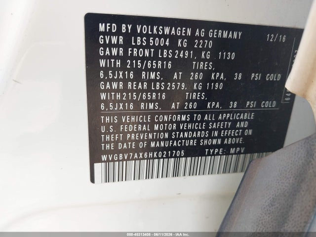 45313408 :رقم المزاد ، WVGBV7AX6HK021705 vin ، 2017 Volkswagen Tiguan مزاد بيع
