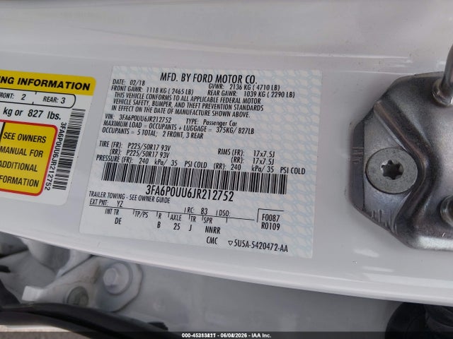 3FA6P0UU6JR212752 Ford Fusion Hybrid S