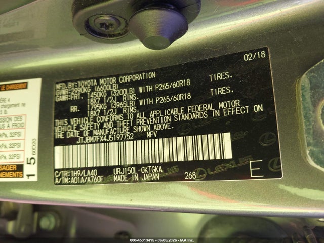 45313415 :رقم المزاد ، JTJBM7FX4J5197752 vin ، 2018 Lexus Gx 460 مزاد بيع