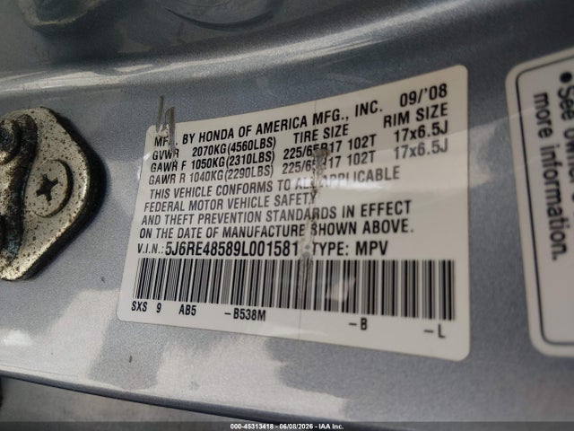 Продажа на аукционе авто 2009 Honda Cr-v Ex, vin: 5J6RE48589L001581, номер лота: 45313418