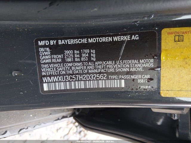 Aukcja sprzedaży 2017 Mini Hardtop Cooper S, vin: WMWXU3C57H2D32562, numer aukcji: 45313427