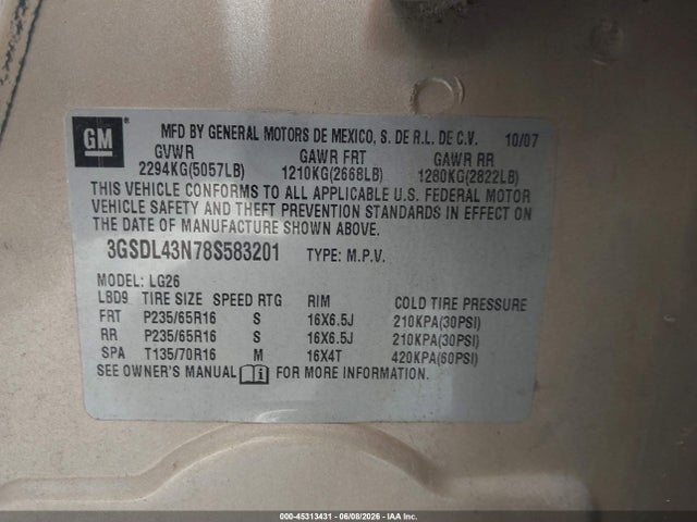 Aukcja sprzedaży 2008 Saturn Vue V6 Xe, vin: 3GSDL43N78S583201, numer aukcji: 45313431