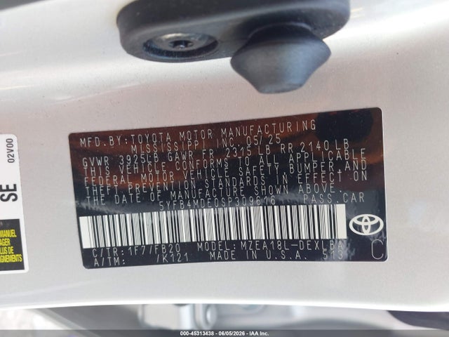 45313438 :رقم المزاد ، 5YFB4MDE0SP309616 vin ، 2025 Toyota Corolla Le مزاد بيع