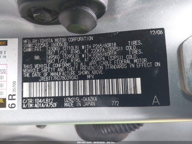 Aukcja sprzedaży 2007 Toyota 4runner Limited V8, vin: JTEBT17R078039043, numer aukcji: 45313440