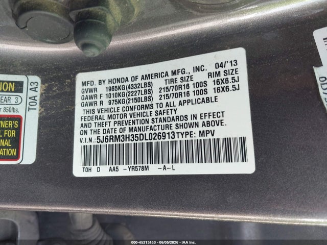 2013 Honda Cr-v Lx მანქანა იყიდება აუქციონზე, vin: 5J6RM3H35DL026913, აუქციონის ნომერი: 45313450